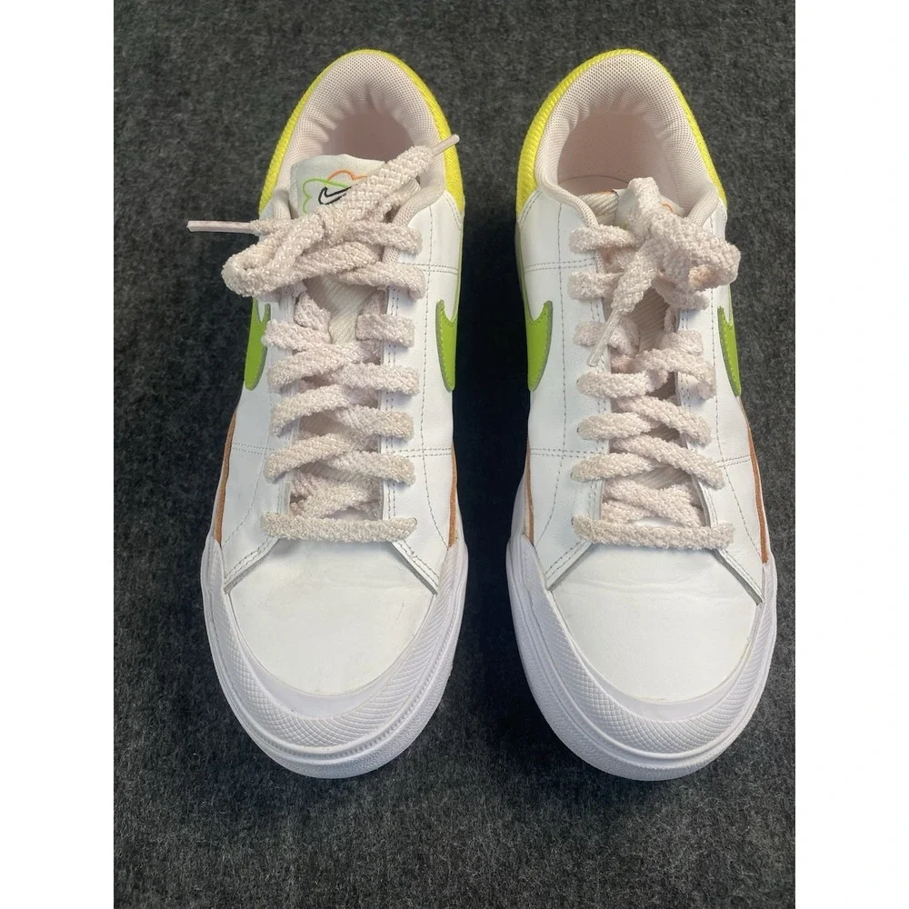 Nike White Sneakers with Lime Green Swoosh and Yellow Collar